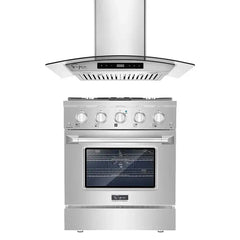 Empava appliance package featuring a 30-inch gas range with 4 burners and a 30-inch range hood with stainless steel finish for reliable cooking performance and efficient ventilation