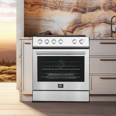 Forno 4-Piece Appliance Package - 30" Slide-In Electric Range + 30" Range Hood + 31" Bottom Freezer Refrigerator + 24" Dishwasher