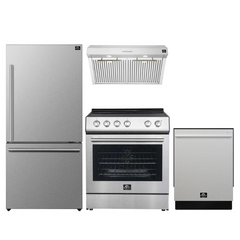 Forno 4-Piece Appliance Package - 30" Slide-In Electric Range + 30" Range Hood + 31" Bottom Freezer Refrigerator + 24" Dishwasher